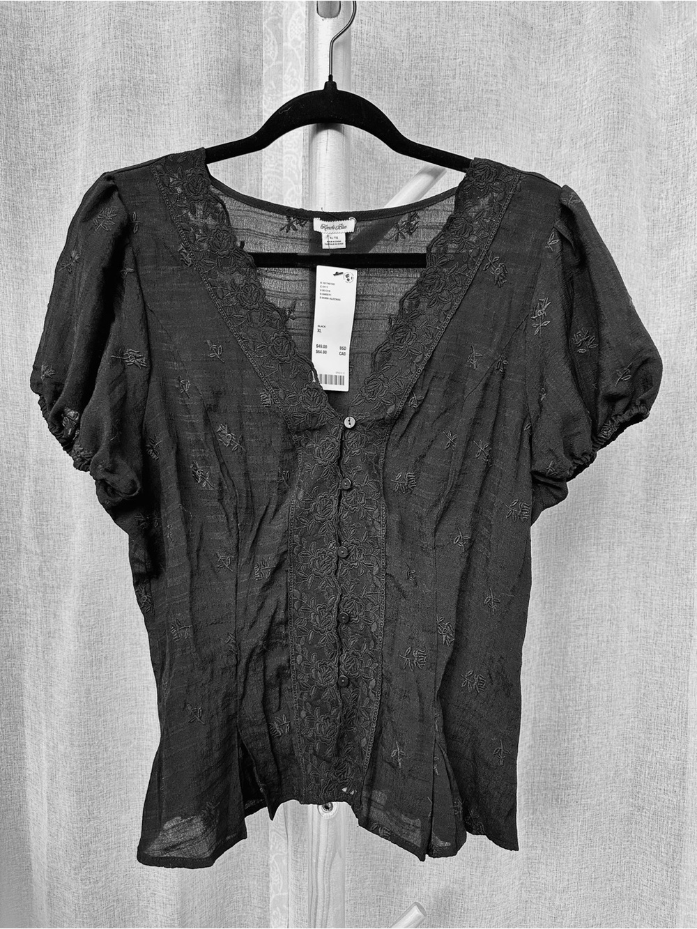 Kimchi Blue Black Lace-Trim Button Front Blouse
